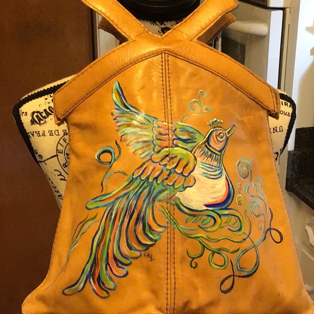 Vintage Handbag with Gorgeous Hand Painted Multicolored Bird with Square Handle